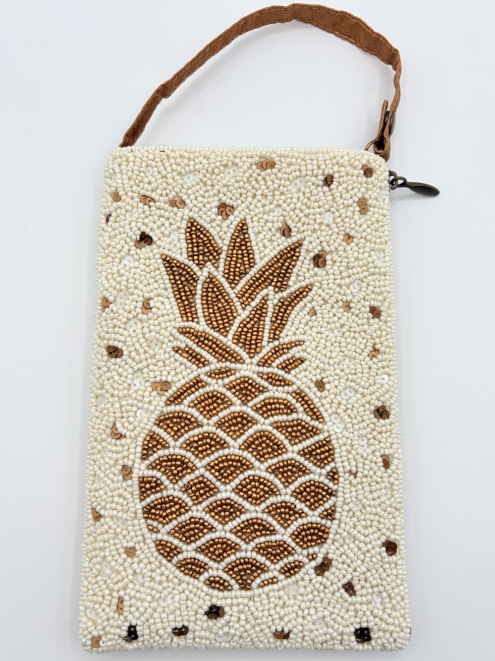 Hand Beaded Pineapple Mini Crossbody Clutch Bag Ivory Beige Neutral
